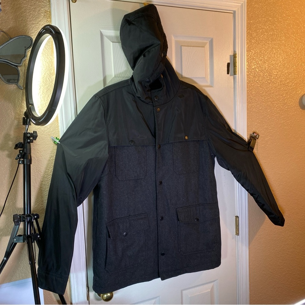 English Laundry Mens XL Coat Jacket Hoodie Wool Utility 6 Pockets Winter Buttons